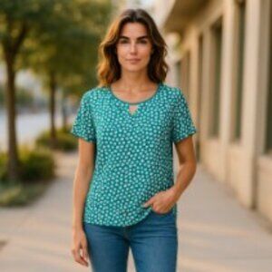 Susan Graver Liquid Knit Top – Green/White Print – Size Large (NWOT)